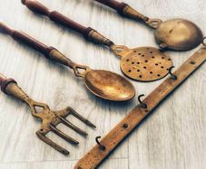 Vintage Brass and Wood Kitchen Utensils with Decorative Hanging Bar, Mid 20th Century