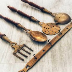 Vintage Brass and Wood Kitchen Utensils with Decorative Hanging Bar, Mid 20th Century