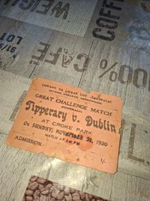 Rare Admission Ticket from the Bloody Sunday Football Match between Tipperary and Dublin held on November 21, 1920. I got this inside an Old Book, I believe it's Original as it has age wear expected of this period, Open to inspection at my house., not pus