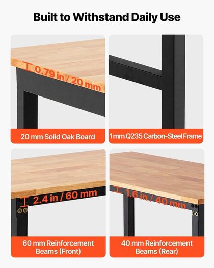 Heavy Duty Adjustable Workbench 680 kg Capacity Oak Wood Top Workbench with 67-102 cm Height Adjustment