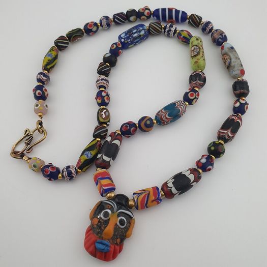 Antique Venetian Style MultiColor Mix Glass & Old Face Glass Pendant Necklace