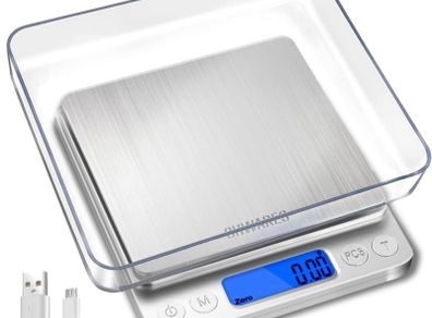 Food Scale, Rechargeable Kitchen Scale with Trays 500g/0.01g, Tare Function Digital Scale Grams and Ounces, for Weight Loss, Dieting, Baking, Cooking, Meal Prep, Coffee, Jewelry, Silver (FREE POSTAGE)