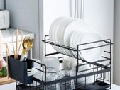 Dish Drying Rack Dish Drainer 2 Tier Detachable Kitchen Sink Dishes Dry Organiser Countertop Dish Draining Holder With Drip Tray Cutlery Utensil Holder RV Studio Small Flat 48x29.5x27cm Black