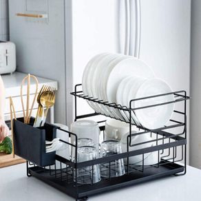 Dish Drying Rack Dish Drainer 2 Tier Detachable Kitchen Sink Dishes Dry Organiser Countertop Dish Draining Holder With Drip Tray Cutlery Utensil Holder RV Studio Small Flat 48x29.5x27cm Black