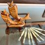 MCM Retro Carved Pair Wooden Koi Fish Cocktail Stick Holders with Black Eyes Kitschy Vintage Image 5