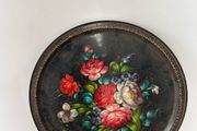 Vintage Zhostovo Hand-Painted Floral Metal Tray