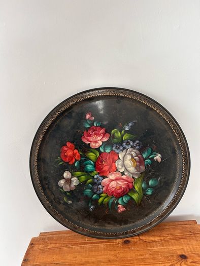 Vintage Zhostovo Hand-Painted Floral Metal Tray