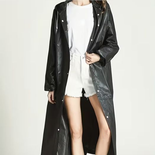 3pcs Black High Quality EVA Thickened Full Body Raincoats - Hooded Long Sleeve with Adjustable Drawstring Hood & Button Front for Outdoor Cycling, Hiking, Travel - Lightweight Portable Women's Rain Gear, Cycling Rainwear | Minimalistic Design