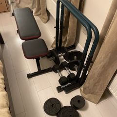 Weights, benches, rings, boxing gloves, slant board