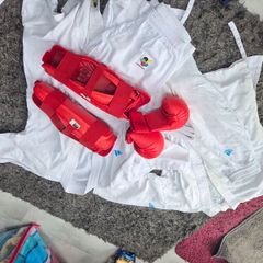 karate shin/foot guards+ gloves and 2 karate suits