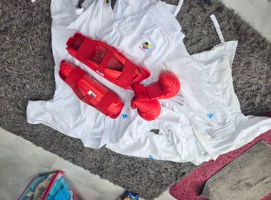 karate shin/foot guards+ gloves and 2 karate suits