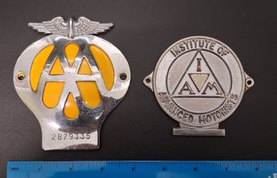 Vintage AA and IAM metal bumper badges
