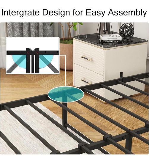 4ft6 Double Size Bed Frame with LED Lights Storage Upholstered Headboard and Charging Station, Solid Metal Platform Bed Double Size, No Box Spring Needed, Noise Free