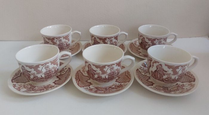 Fabulous Vintage 35 Piece Brown and White Fair Winds, Historical Scenes of Chinese Export to America Dinner Service by Alfred Meakin, Staffordshire