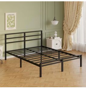 Metal Double Bed Frame with Headboard and Footboard | Fits 135 x 190 cm Mattress, Steel Slats Support, 30 cm Storage Space Underbed, Noise Free, Easy Assembly, Black