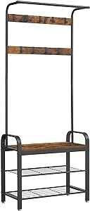 coat rack, wardrobe, shoe rack with seat, clothes rack with 9 removable hooks, bench seat, 2 grid shelves, 183 cm high, industrial design,