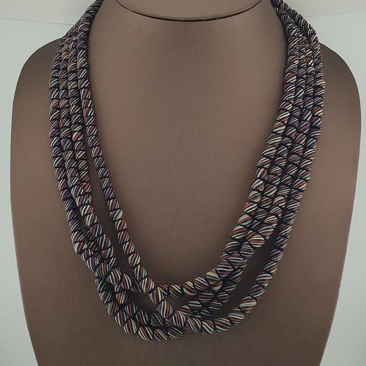 Vintage African MultiColor Stripe Black 7.4mm - 7.6mm Glass Beads Strand