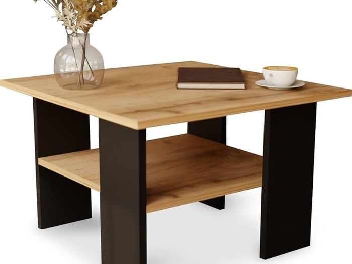 Coffee Table Oak Black Modern Living Room Table 60 x 60 x 45 cm - Square, Stable & Practical with Shelf - Compact Sofa Table, Robust and Easy to Clean