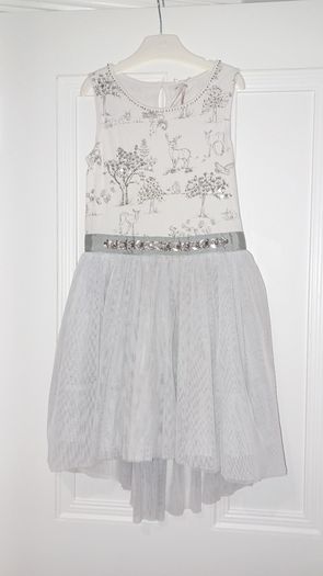 Beautiful Next Christmas Dress, silver and white with reindeer print