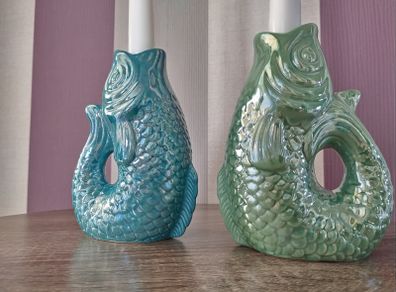 Set of x2 Ceramic Fish Ornament Candle Stick/ Holders