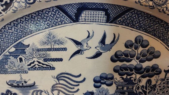 Beautiful Antique Blue and White Transferware Willow Pattern Large Oval Platter, Unknown Maker, Probably Staffordshire-Made