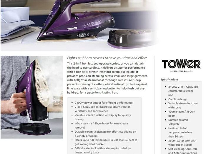 Tower T22008 CeraGlide Cordless Steam Iron with Ceramic Soleplate and Variable Steam Function, Purple