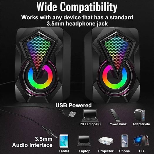 FREE SHIPPING PC Speakers,Mini Desktop Speaker for PC with Colorful LED Light,Stereo 2.0 USB Powered 3.5mm Aux Portable Gaming Multimedia Speaker for Computer Laptop Monitor,Tablets,Music Player