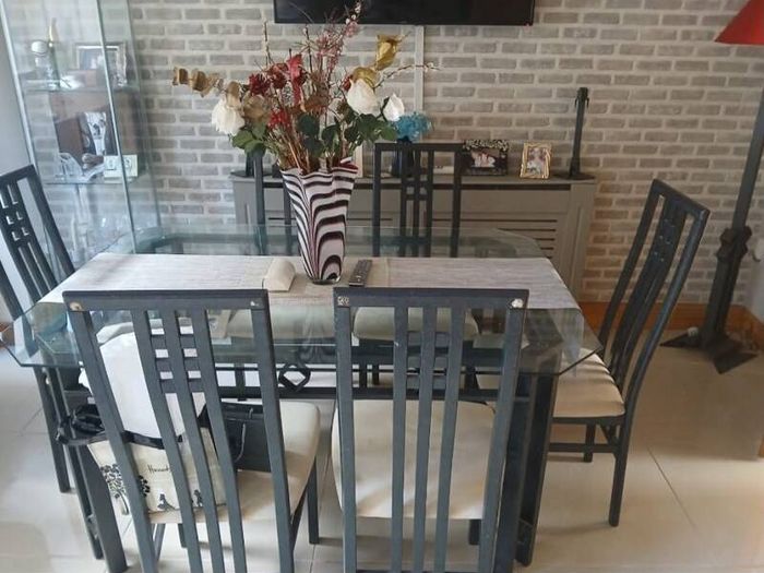 Table, 6 chairs, 2 candle sticks, floor lamp & shelving unit
