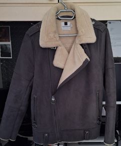Topman Faux Shearling Biker Jacket, Grey, Size M (EU 50)