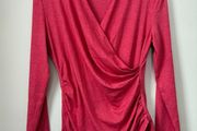 Red Ruched Wrap Front Top Long Sleeves Size S!