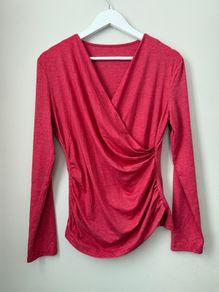 Red Ruched Wrap Front Top Long Sleeves Size S!