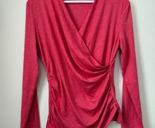 Red Ruched Wrap Front Top Long Sleeves Size S!