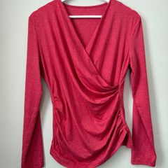 Red Ruched Wrap Front Top Long Sleeves Size S!