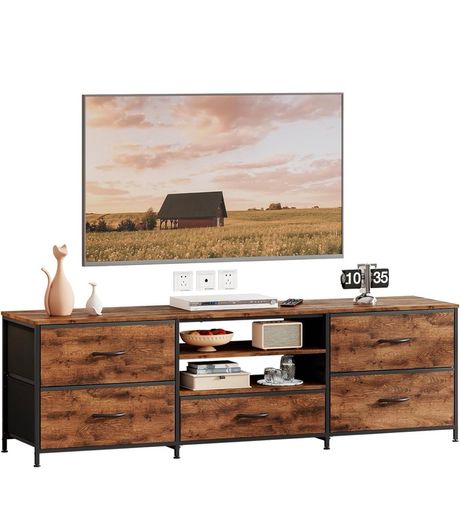 TV Stand Cabinet, TV Unit with 5 Drawers, 140 cm, Brown TV Console Table with Storage Organizers, Entertainment Center with Open Shelf for Living Room, Bedroom