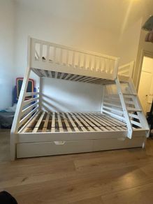 Premium White Solid Wood Triple Bunk Bed with Storage and Like New IKEA AFJALL Mattress