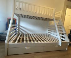 Premium White Solid Wood Triple Bunk Bed with Storage and Like New IKEA AFJALL Mattress