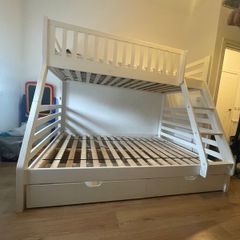 Premium White Solid Wood Triple Bunk Bed with Storage and Like New IKEA AFJALL Mattress