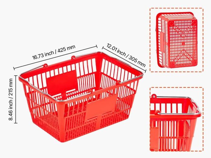 12 PCS, 21L Stackable PE Plastic Grocery Baskets with Metal Handles, Dense Mesh Structure, Holds up to 9.07kg, Portable for Grocery