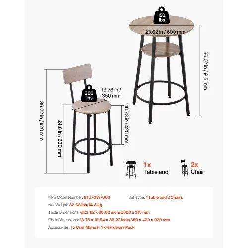 3PCS 596.9mm Bars Tables Set, Bar Tables and Chair Set with Rounded Corner Design, Round Pub Table with Two Stools for Office Desk, Breakfast Corner, Mini Bars, Light Gray, Black