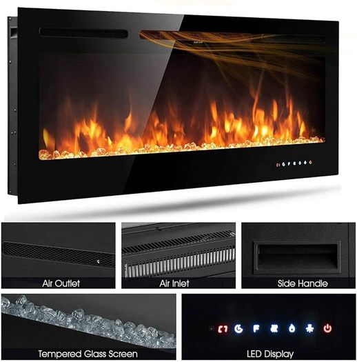 FREE P&P | Electric Fireplace Touch Screen Glass Panel Colorful Flame Insert Wall Mounted Heater Remote Control with Crystal&Log Set,900/1800W