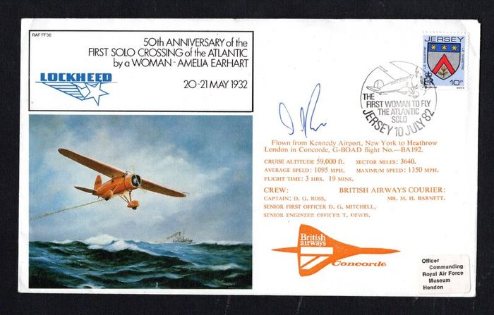 1982 Jersey Illustrated Cover Commemorating 50th Anniversary Of First Flight of The First Solo Crossing of the Atlantic by a woman - Amelia Earhart trying 10p definitive Stamp with rear cancel London Heathrow Concorde