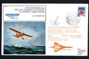 1982 Jersey Illustrated Cover Commemorating 50th Anniversary Of First Flight of The First Solo Crossing of the Atlantic by a woman - Amelia Earhart trying 10p definitive Stamp with rear cancel London Heathrow Concorde