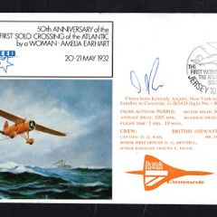1982 Jersey Illustrated Cover Commemorating 50th Anniversary Of First Flight of The First Solo Crossing of the Atlantic by a woman - Amelia Earhart trying 10p definitive Stamp with rear cancel London Heathrow Concorde