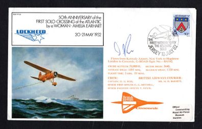 1982 Jersey Illustrated Cover Commemorating 50th Anniversary Of First Flight of The First Solo Crossing of the Atlantic by a woman - Amelia Earhart trying 10p definitive Stamp with rear cancel London Heathrow Concorde