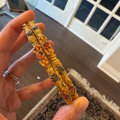 Gold-Tone Costume Jewellery Bangles Ornate Stone Detail (Pair)