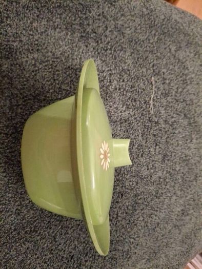 Vintage 1970s Embee Avocado Green Plastic Jam / Sugar Pot with Spoon
