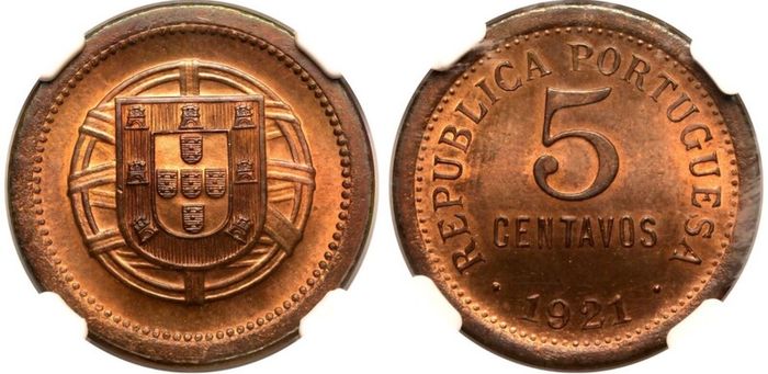 Portugal 1921 5 Cent NGC MS65RB Beautiful Gem Bu