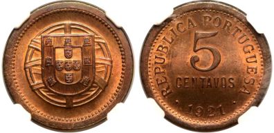 Portugal 1921 5 Cent NGC MS65RB Beautiful Gem Bu