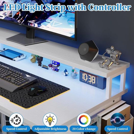 L Shaped Desk with LED Lights & Power Outlets, 100 cm Gaming Desk with 2 Shelves, Computer Table with Monitor Stand