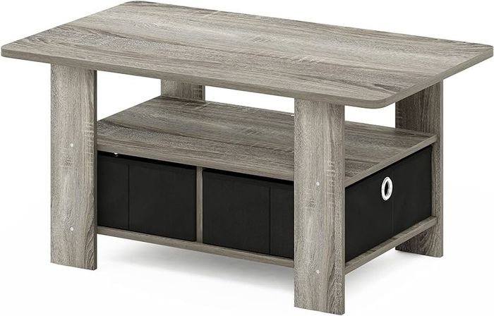 FREE EXPRESS SHIPPING Andrey Coffee Table with Bin Drawer, French Oak/Black